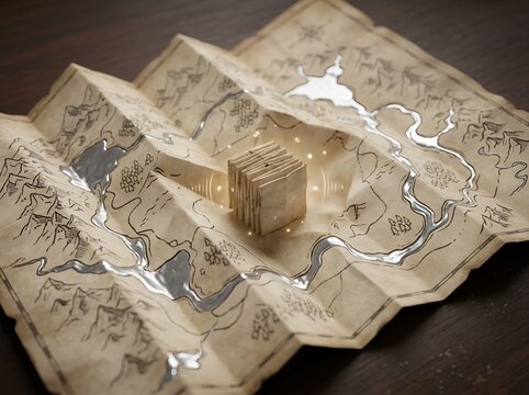 Mysterious glowing cube placed on a folded vintage fantasy topographical map of an uncharted territory