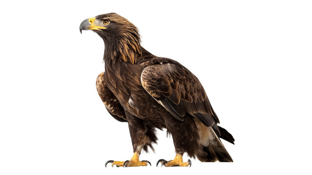 Wild predatory brown eagle hawk standing alertly looking sideways isolated on transparent background