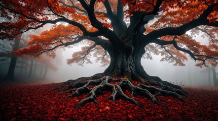 Fototapeta premium Ancient massive tree with large gnarled roots stands in foggy autumn forest. Red maple leaves cover ground, branches. Mystical misty woods create moody atmosphere. Old majestic plant grows in dark