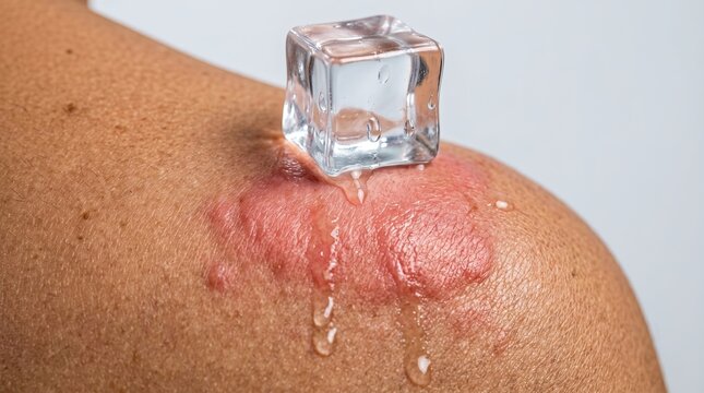 Macro close-up of an ice cube melting on red inflamed skin to relieve pain from burn or insect bite
