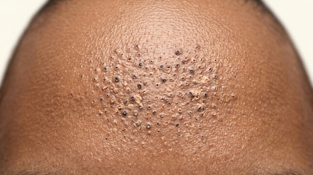Extreme close-up of severe blackheads comedones and deeply clogged pores on human forehead skin