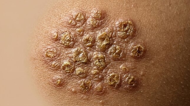 Close-up of clustered crusty lesions indicating impetigo or severe viral skin infection
