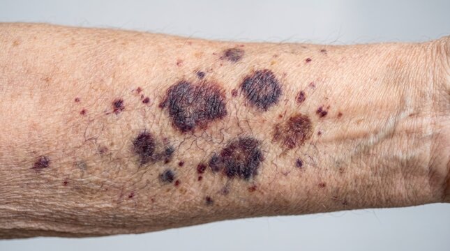 Clinical view of senile purpura ecchymosis and severe bruising on the fragile skin of an elderly arm