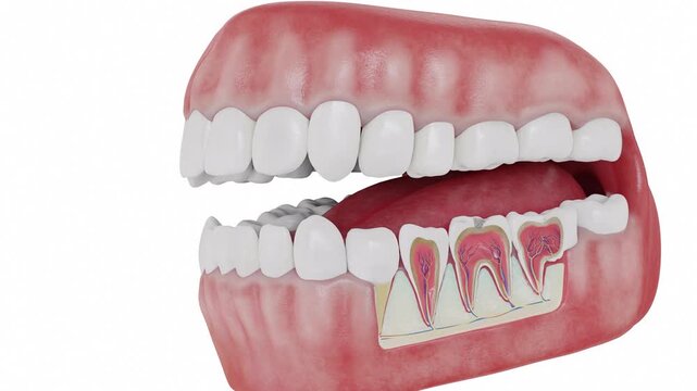 3D medical visualization of a tooth cross section showing the enamel, dentin, pulp chamber, root canal, and internal anatomical structures of a human tooth in 4K UHD