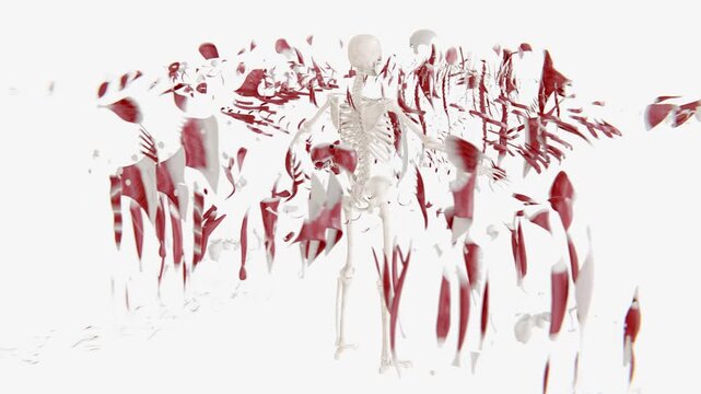 3D medical animation featuring an exploded view of the human muscular system layered over the skeleton, showing muscles separated from their anatomical positions for detailed visualization of the body