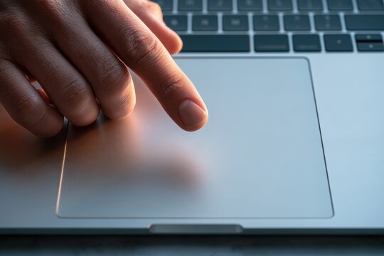 Person's finger touching a trackpad, using computer for work or communication