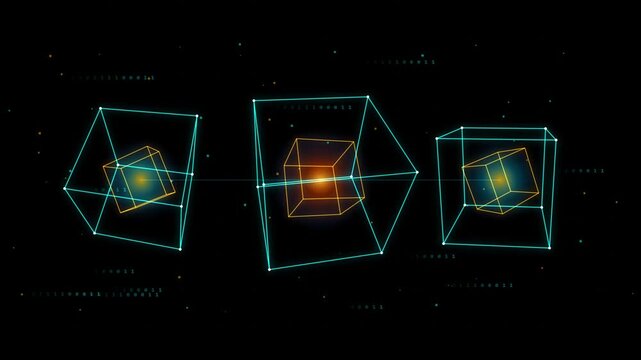 Abstract digital data cubes rotating in dark space background with floating binary code.