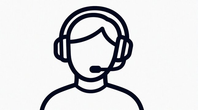 Minimalist line art icon of customer support agent wearing headset. Simple illustration shows person with microphone for helpline service. Modern graphic symbol for telemarketing, call center help,