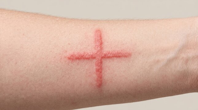 Macro view of a distinct cross-shaped red scar burn mark or scarification on human skin