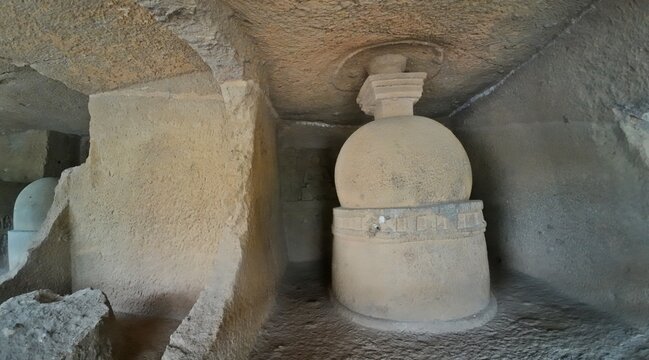 Ancient Rock Cut Monolithic Stupa Carved Inside Small Cave Chamber at Kanheri Caves