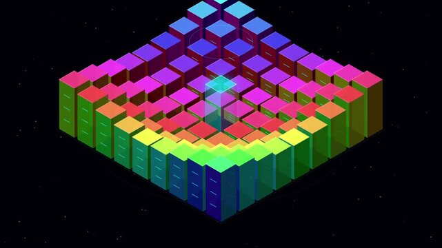 Abstract rainbow cube grid pulsing in wave motion cinematic 3d motion background loop.