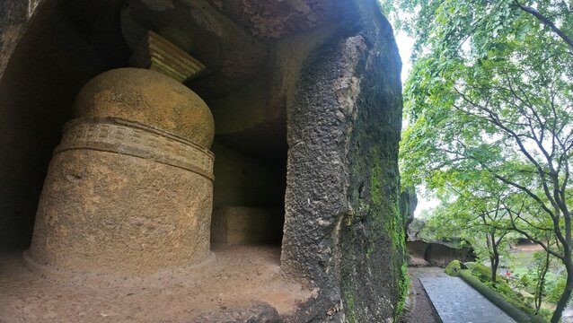 Ancient Rock Cut Monolithic Stupa Carved Inside Small Cave Chamber at Kanheri Caves
