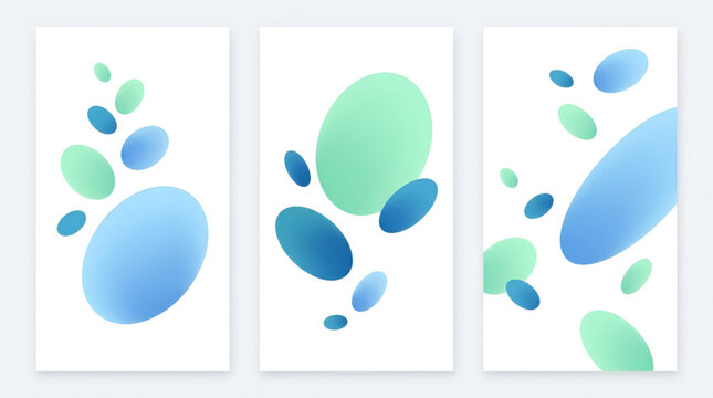 Abstract minimalist set of three vertical posters with floating blue and green gradient organic shapes isolated on white background