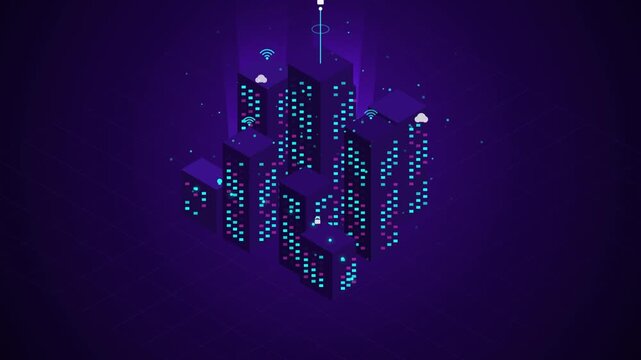 Futuristic smart city model with glowing digital data streams and network connections.
