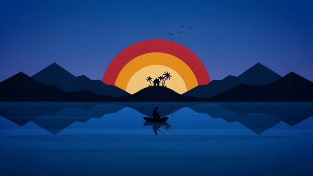 Minimalist mountain landscape vector with fisherman in boat. Sunset over lake with stylized sun and tropical island silhouette