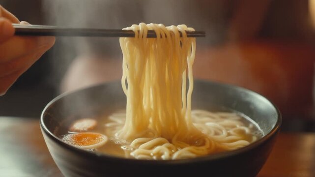 Steaming Ramen Noodle Bowl Stirred with Chopsticks in Authentic Japanese Restaurant