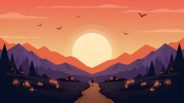 Mountain landscape at sunset vector illustration. Features a winding path glowing flowers birds and a large sun behind purple peaks