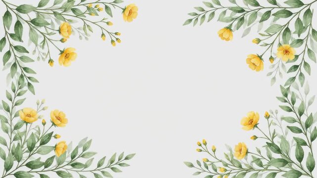 Watercolor illustration of yellow flowers and green leaves forming a decorative border on a light background, perfect for invitations or greeting cards.