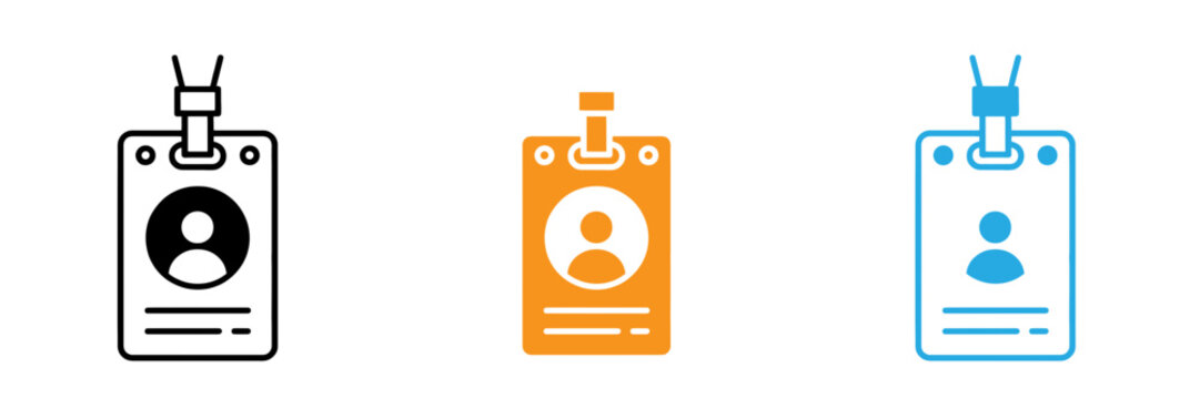 Identification badge icons in line art filled and blue styles on a white background