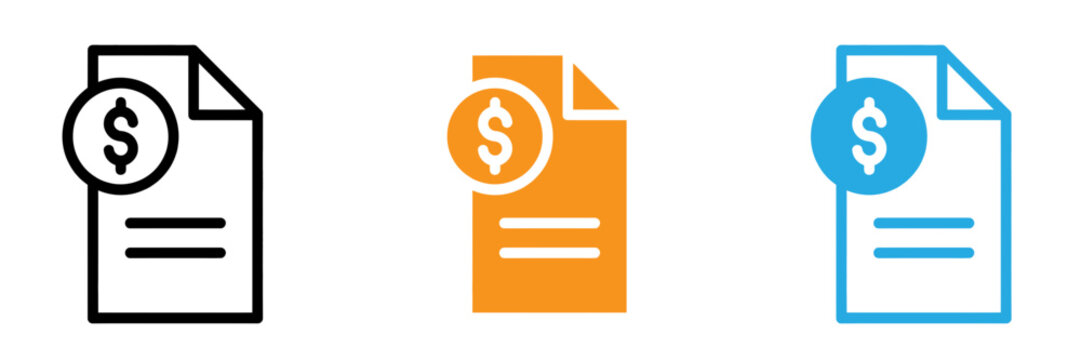 Financial document icons depicting bills invoices or payments in three color variations