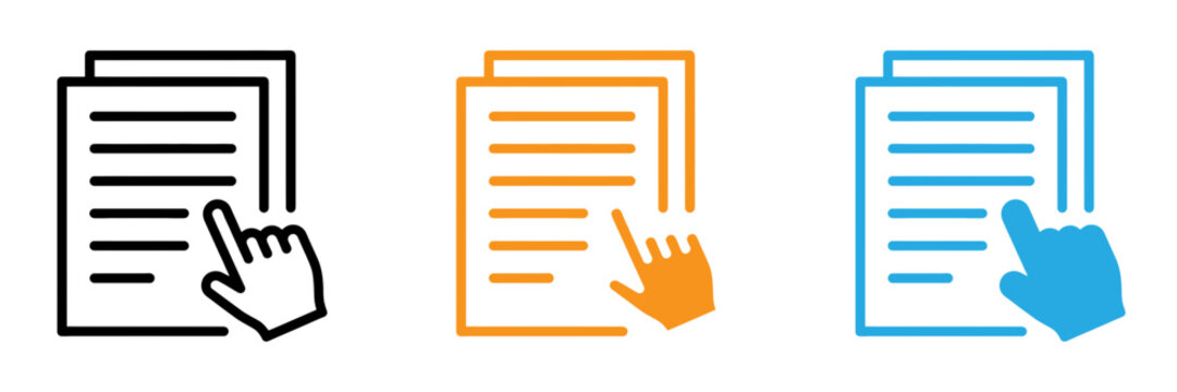 Three variations of a hand pointing to a document or paper sheet icon