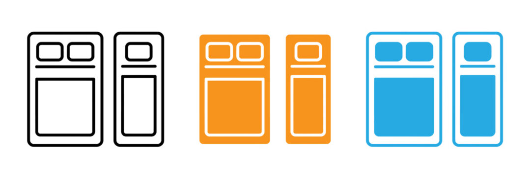 Minimalist bed icon set in black outline orange fill and blue fill styles