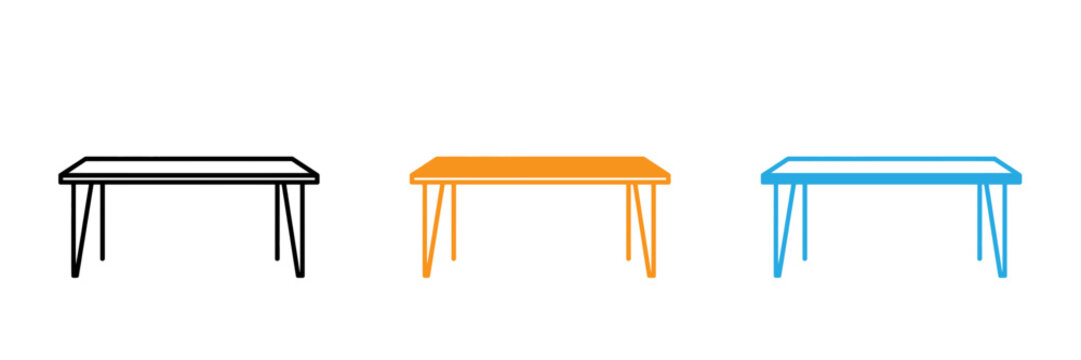 Three minimalist tables in black orange and blue isolated on a white background