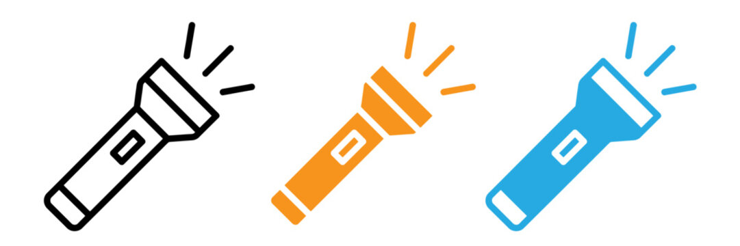Three colorful flashlight icons emitting light beams on a white background