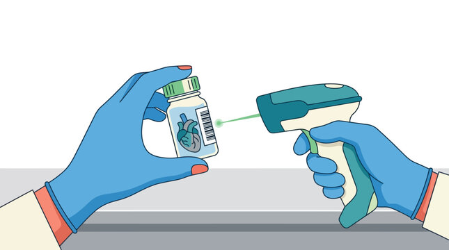 Gloved hands scanning heart sample in vial with barcode reader