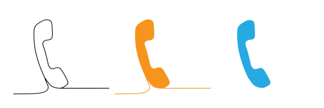 Minimalist line art illustration of three colorful vintage telephones on white background