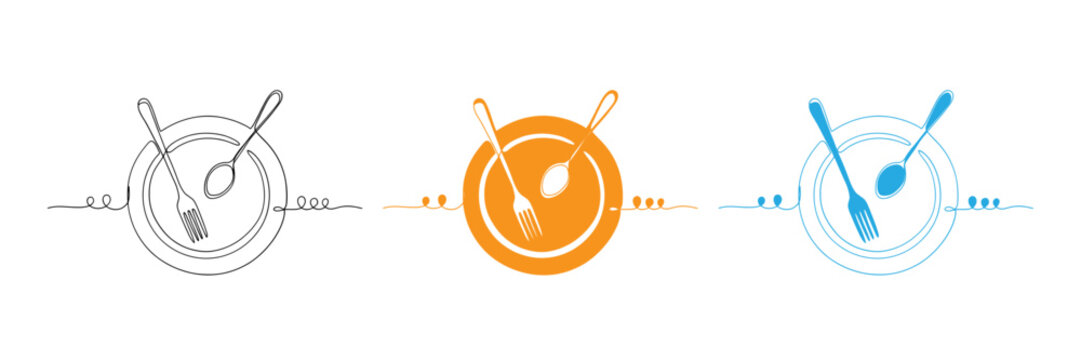 Minimalist line art of plates with cutlery in black orange and blue tones