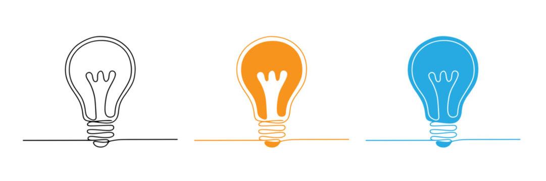 Minimalist continuous line drawing of three lightbulbs in different colors