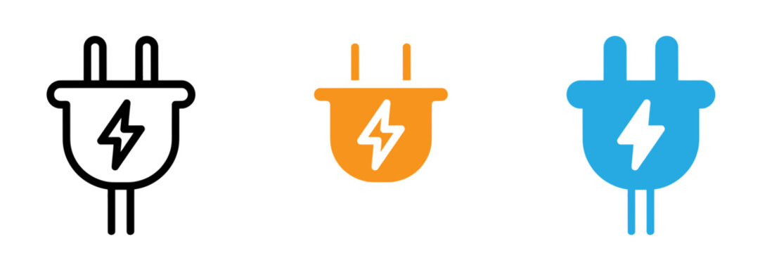 Electrical plug icons in line art flat color and glyph styles representing power