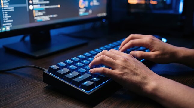 Close up of hands typing on backlit mechanical keyboard, coding software on monitor, programmer working at night, software development, technology, hacking, IT support concept