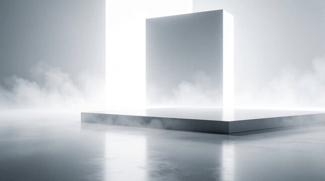 Minimalist futuristic stage with bright light and fog. Empty stage for product presentation, clean white background with geometric shapes and glowing light.