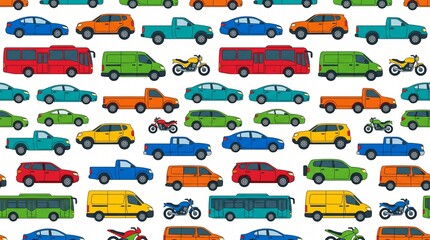 Naklejka premium Colorful transportation pattern with cars, buses and trucks. Seamless vehicle background for city traffic and logistics design.