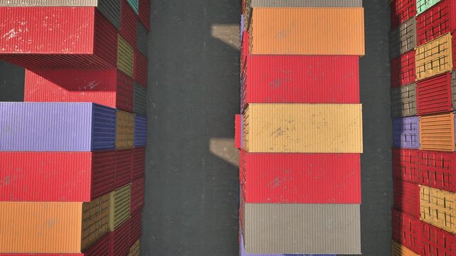 Commercial container yard pathway, Top view of colorful shipping containers outdoors. 3D animation.