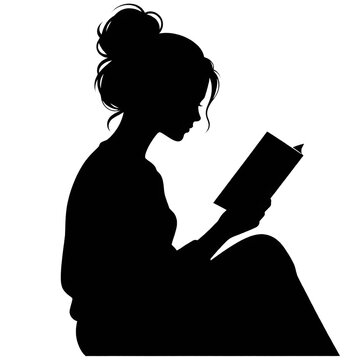 Woman Reading a Book Silhouette &ndash; Minimalist Black Vector Illustration on Transparent Background