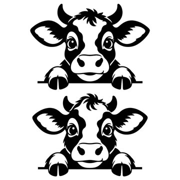 Black and White Cow Silhouette Peeking Over Horizontal Edge