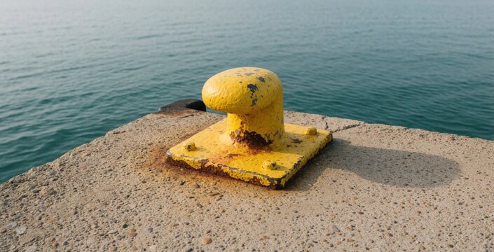 Yellow mooring bollard bolted to concrete pier by sea. Metal maritime equipment used for securing ships at harbor dock. Weathered industrial nautical hardware sits on stone quay near blue water.