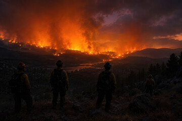 Fototapeta premium Four firefighters stand on a rocky hillside, intently observing a large wildfire consuming a forested valley.