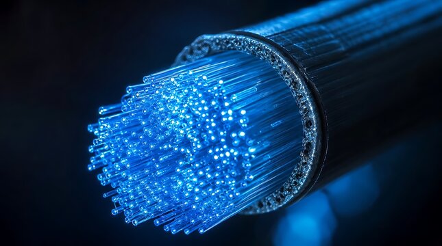 Macro Close Up of Glowing Blue Fiber Optic Cable Strands