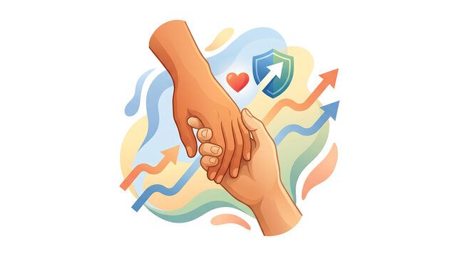 Helping Hand Support and Cooperation Vector Illustration, Human Hands, Assistance, Teamwork, Protection, Heart, Growth Arrows and Social Care Concept