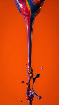 Colorful paint splashing and pouring on orange background. Vibrant blue red and yellow liquid swirls in vertical motion