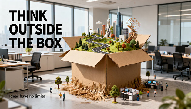 Giant realistic cardboard box opening into a vibrant miniature city inside a contemporary office, blending corporate reality with imagination through detailed landscapes, roads and architecture.