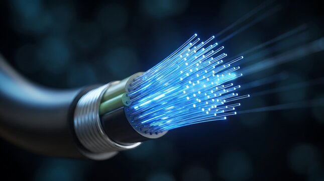 Macro Close Up of Glowing Blue Fiber Optic Cable Strands