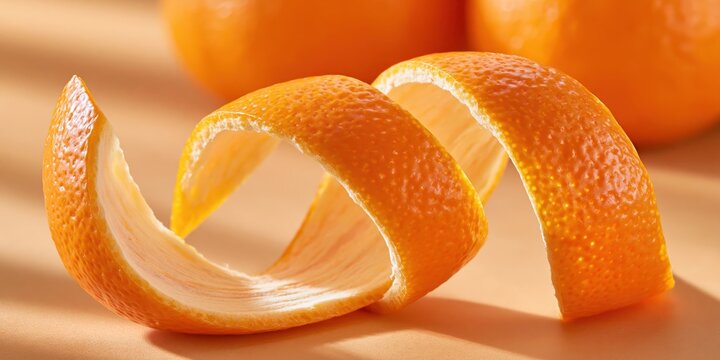 Curled orange peel with spiral shape on warm surface, fresh citrus texture and vibrant orange color