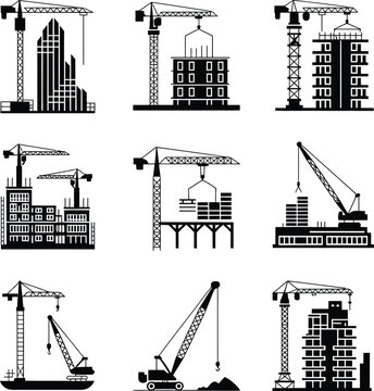 Set of black construction crane silhouettes and building icons for architectural design projects