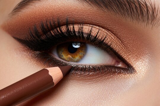 Extreme closeup of brown eyeliner pencil applying makeup under long lashes. Female eye with bronze eyeshadow, mascara. Cosmetic tool defines lower lash line for glam beauty look. Pro makeup artist