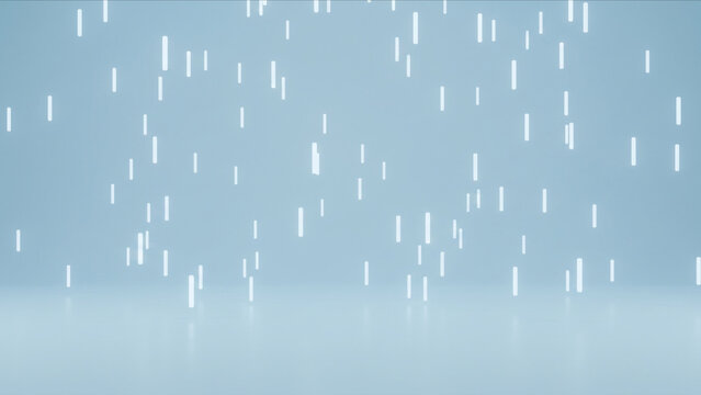パステルブルーの水面へと舞い降りる白い縦棒アイコンを描いた抽象背景